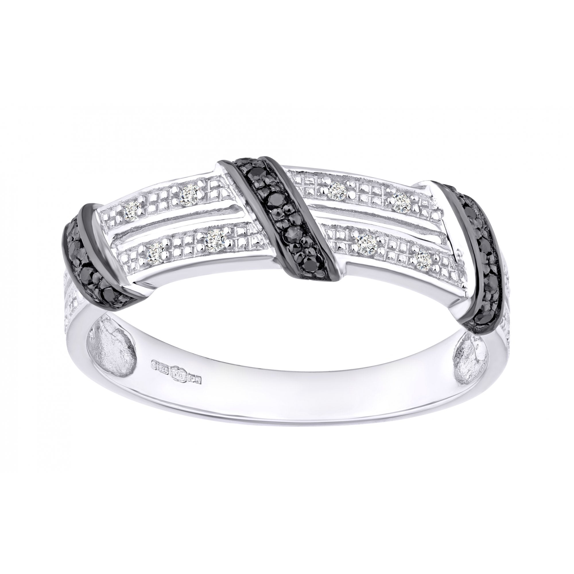 9ct White Gold 0.12 Carat Natural Black and White Diamond Crossover Eternity Ring