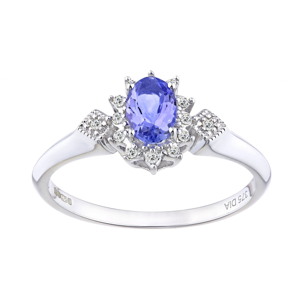 9ct White Gold Oval Tanzanite Ring, 0.05ct Diamond Shoulders