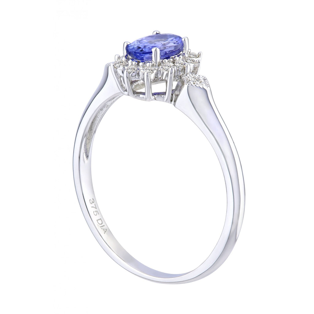 9ct White Gold Oval Tanzanite Ring, 0.05ct Diamond Shoulders