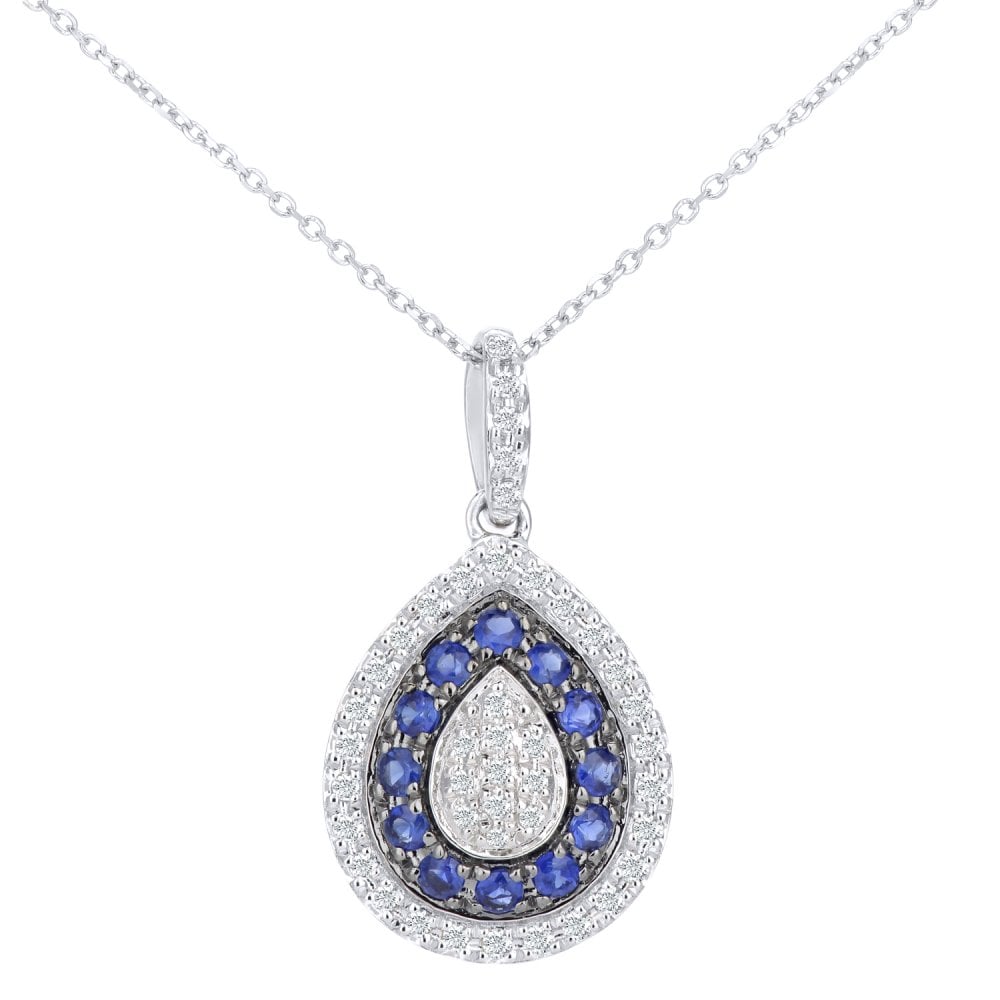 Round Natural Blue Sapphire and Diamond Drop Necklace with Chain in 9ct White Gold