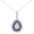 Round Natural Blue Sapphire and Diamond Drop Necklace with Chain in 9ct White Gold