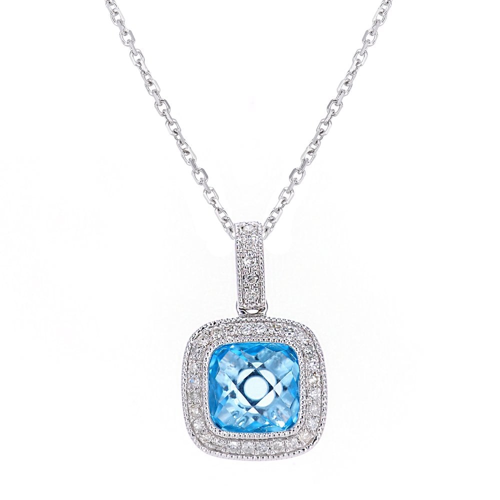 9ct White Gold 1.75ct Swiss Blue Topaz Cushion Halo Pendant