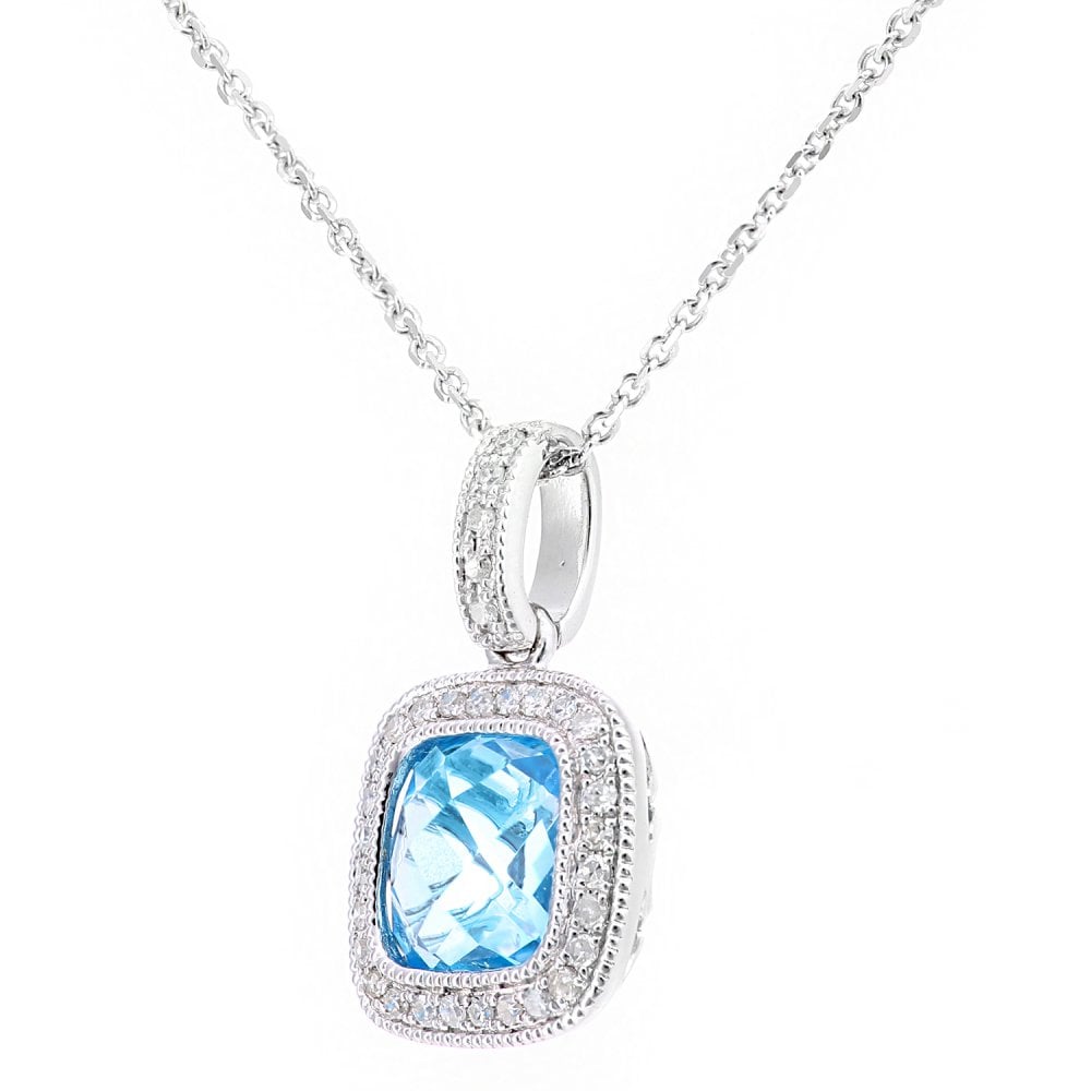 9ct White Gold 1.75ct Swiss Blue Topaz Cushion Halo Pendant