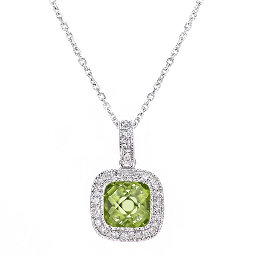 9ct White Gold Square Peridot and 0.10ct Diamond Pendant Necklace