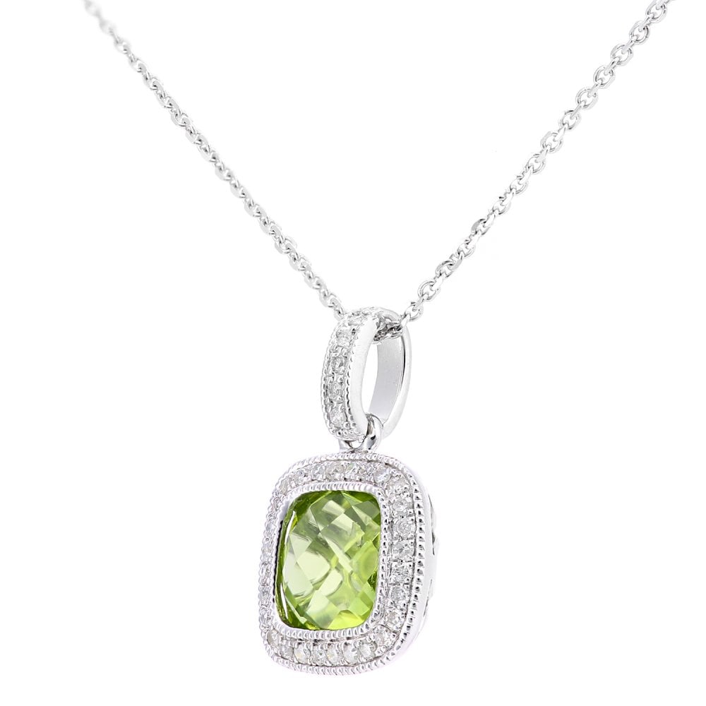 9ct White Gold Square Peridot and 0.10ct Diamond Pendant Necklace