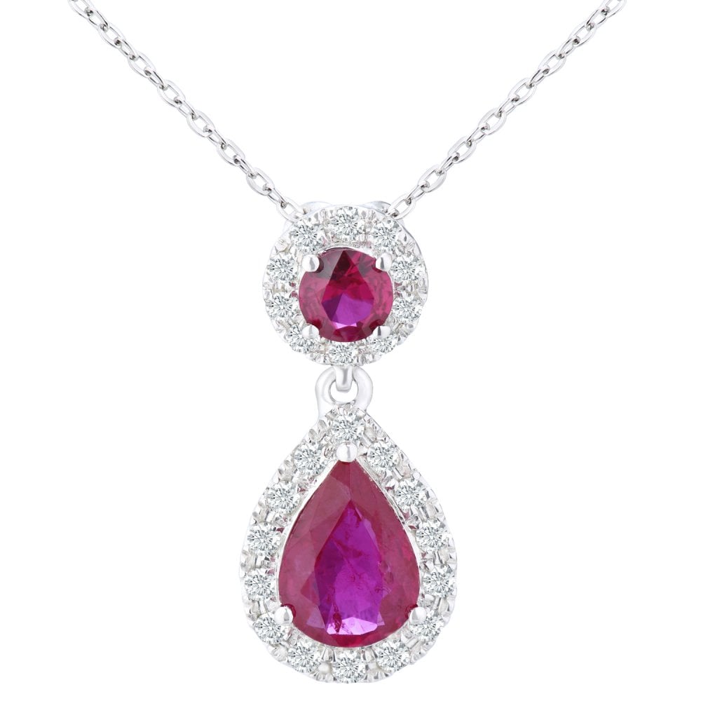 9ct White Gold Ruby Teardrop Diamond Halo Pendant Necklace