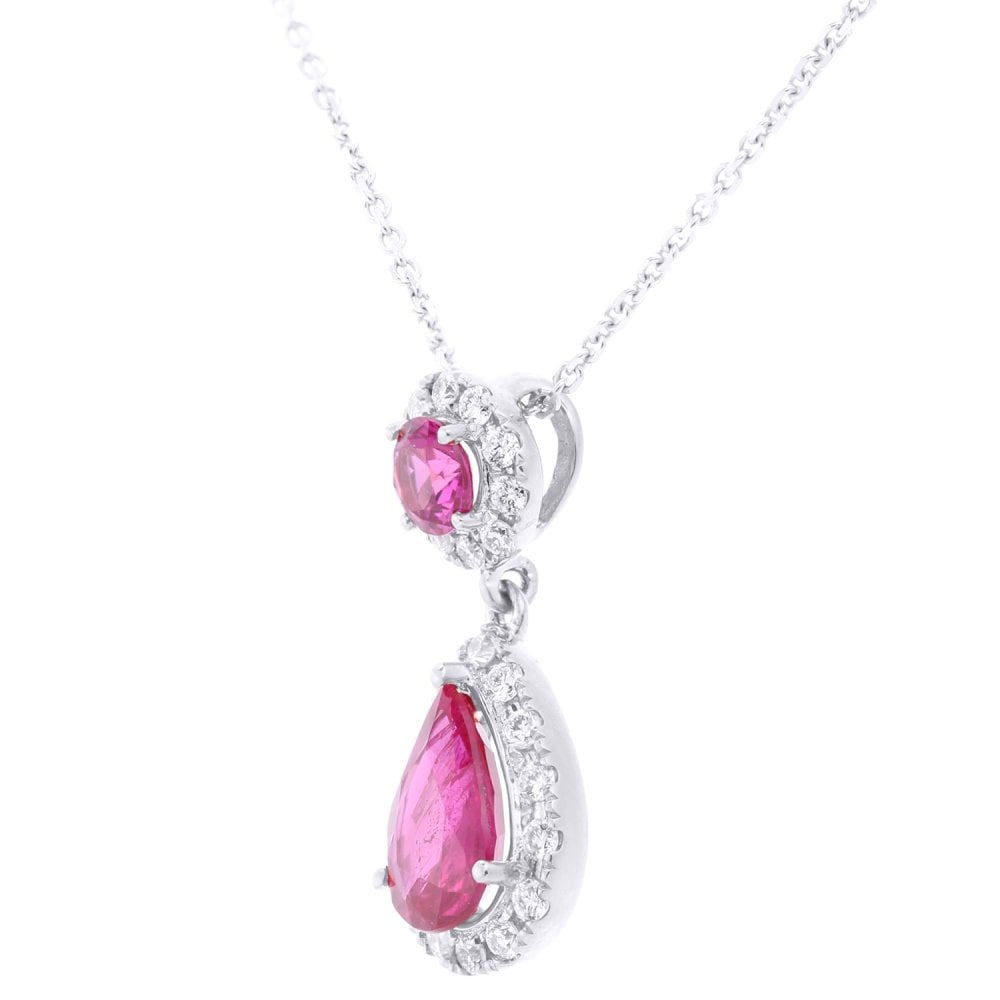 9ct White Gold Ruby Teardrop Diamond Halo Pendant Necklace