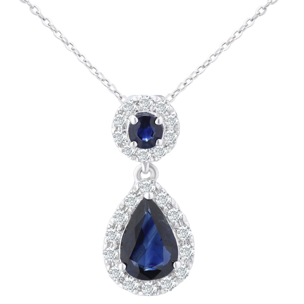 0.96 Ct Round-Pear Natural Blue Sapphire and Diamond Teardrop Necklace with Chain in 9ct White Gold Size 18 Inches