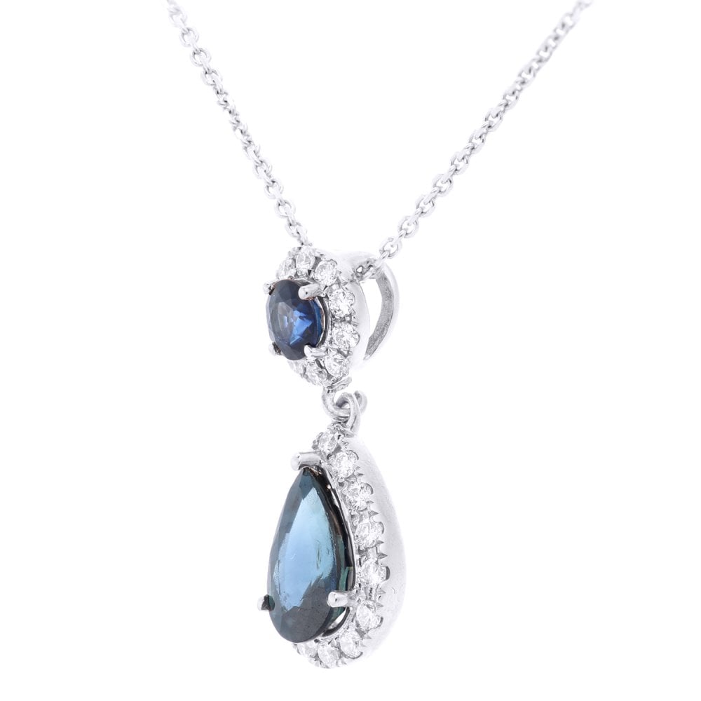 0.96 Ct Round-Pear Natural Blue Sapphire and Diamond Teardrop Necklace with Chain in 9ct White Gold Size 18 Inches