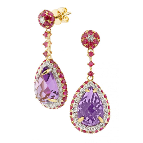 18ct Yellow Gold Multi Gem Teardrop 0.50ct Diamond Earrings