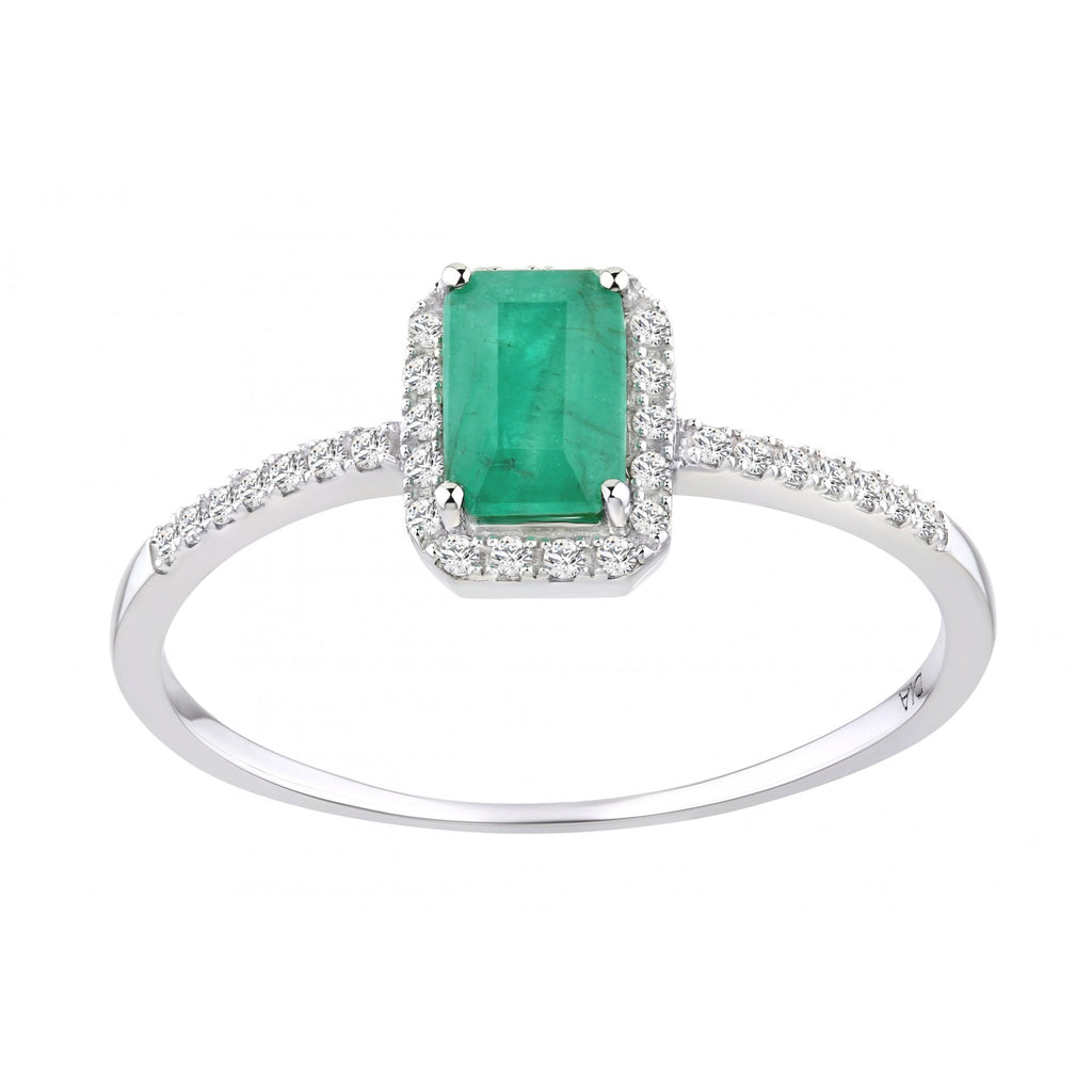 18ct White Gold 0.60ct Octagon Emerald and Diamond Halo Ring