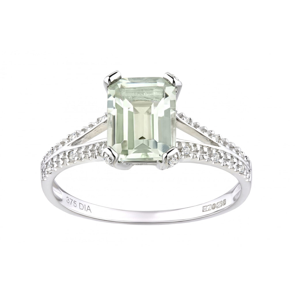9ct White Gold 1.52ct Emerald Cut Green Amethyst and Diamond Shoulders Ring