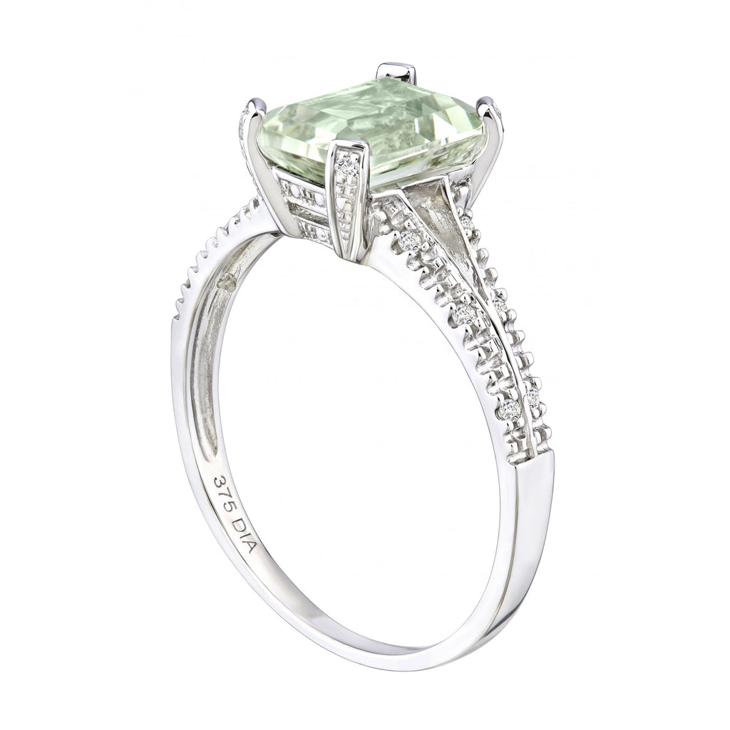 9ct White Gold 1.52ct Emerald Cut Green Amethyst and Diamond Shoulders Ring