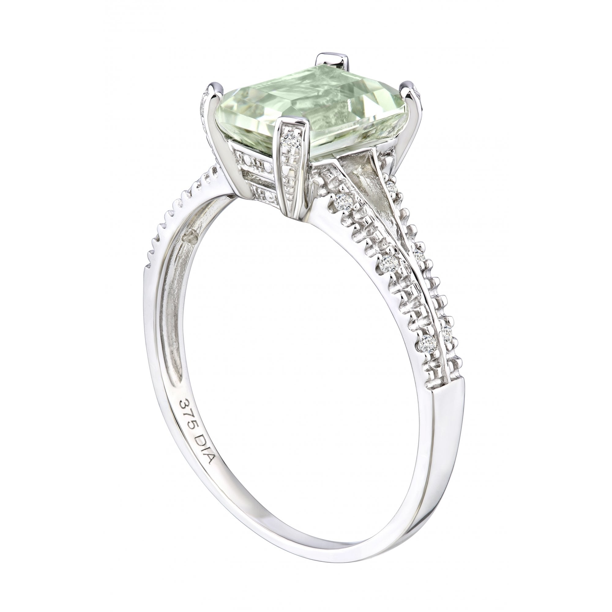 9ct White Gold 1.52ct Emerald Cut Green Amethyst and Diamond Shoulders Ring