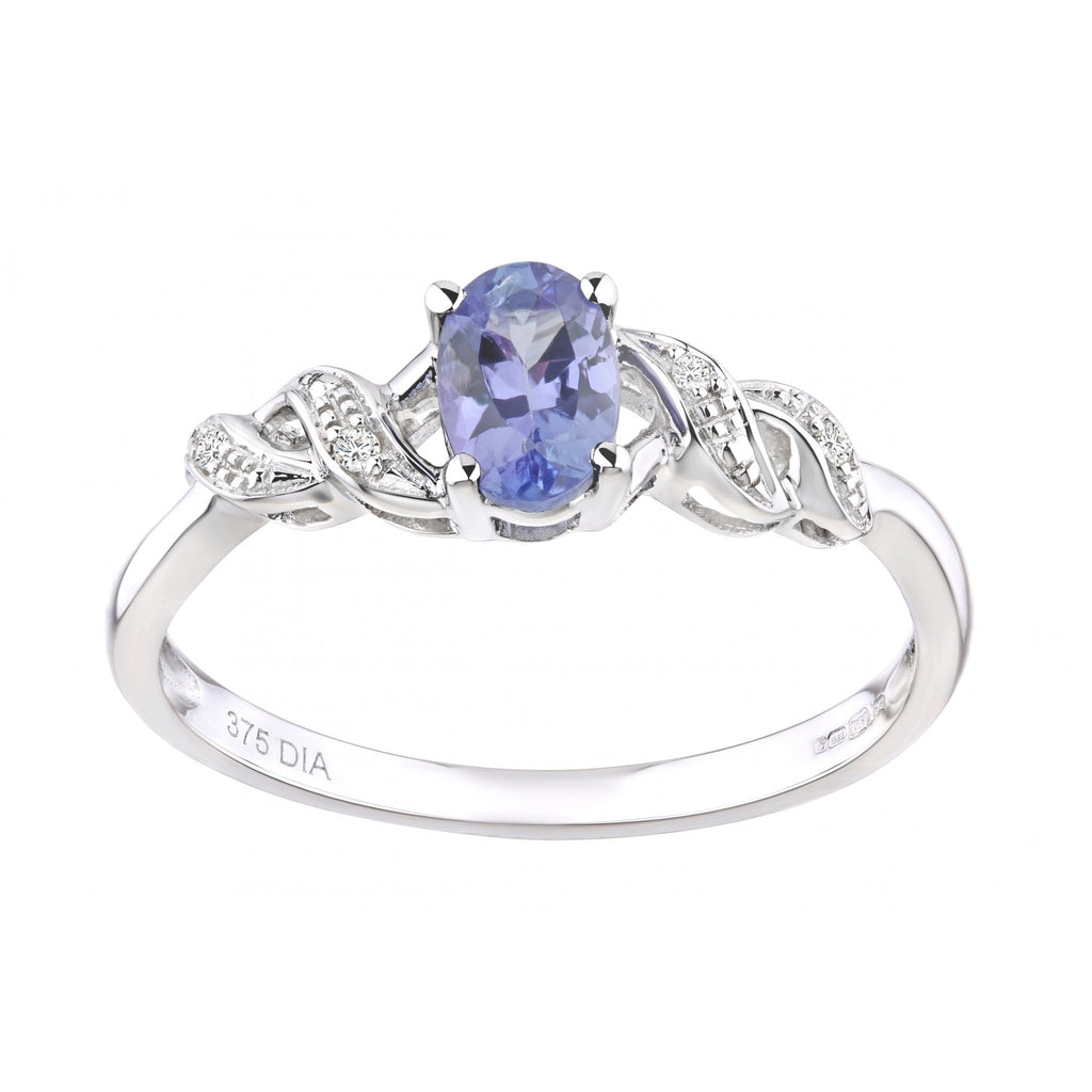 9ct White Gold Oval Tanzanite Ring with Pave Set 0.02ct Diamond Twist Shoulders