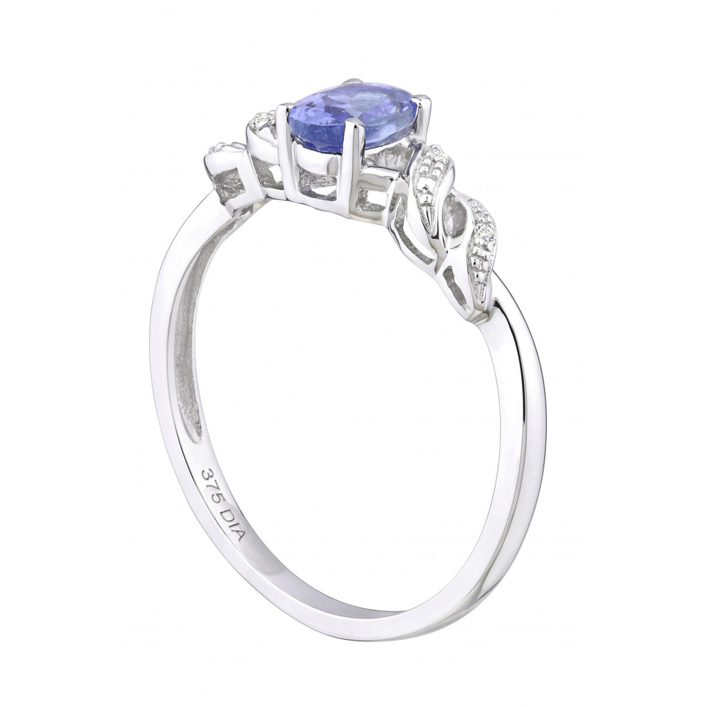9ct White Gold Oval Tanzanite Ring with Pave Set 0.02ct Diamond Twist Shoulders