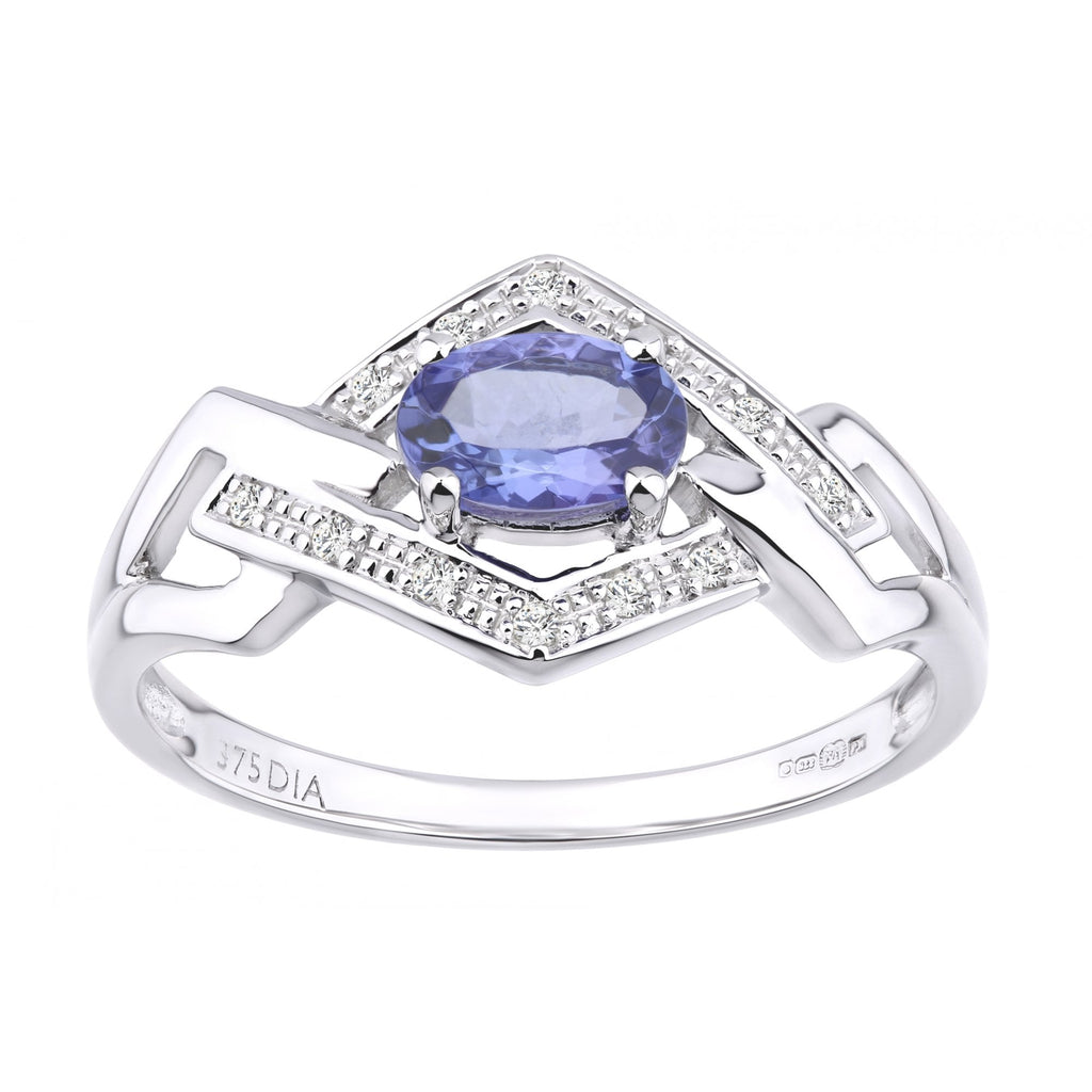 9ct White Gold Tanzanite and Pave Set 0.05ct Diamond Link Ring