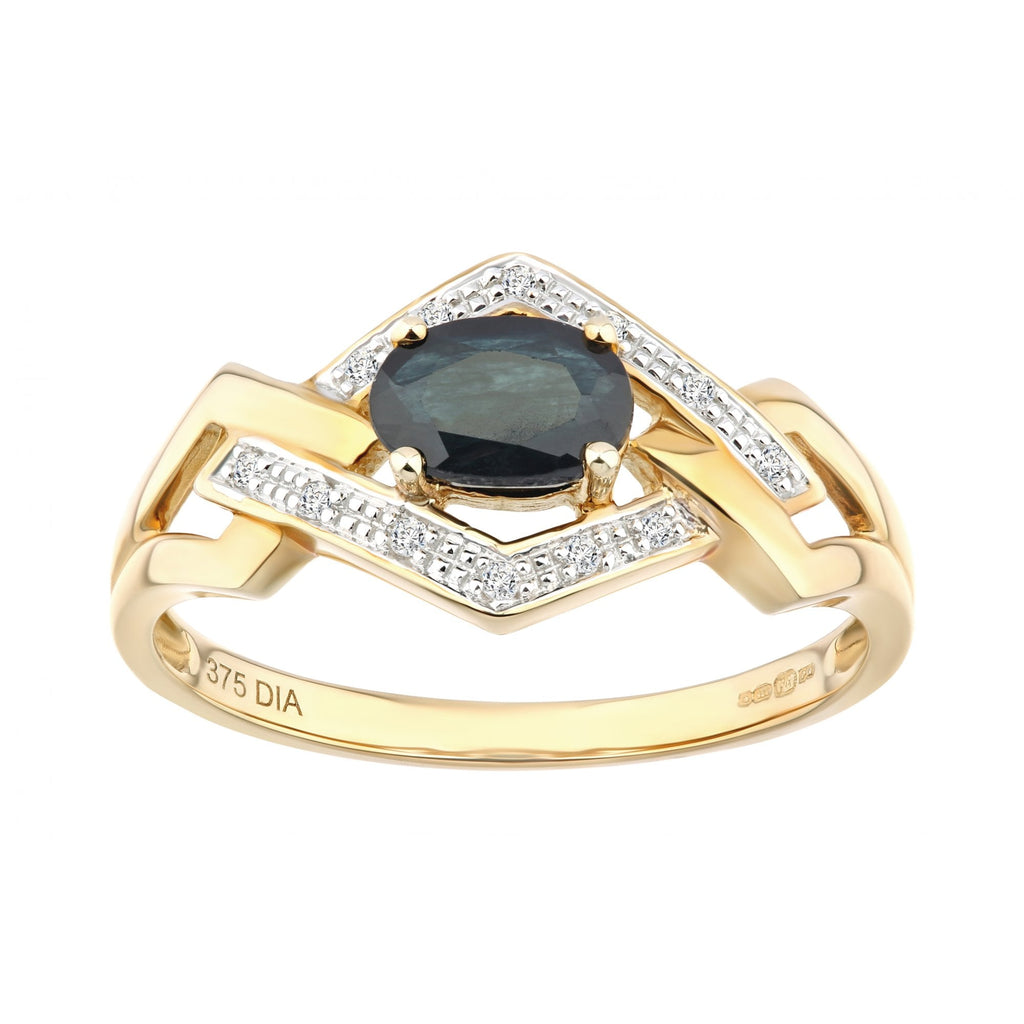 0.7 Ct Oval Natural Blue Sapphire and Diamond Art Deco Ring in 9ct Yellow Gold