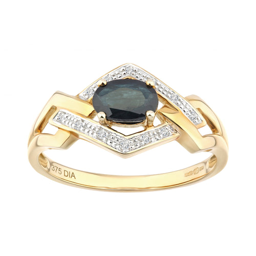 0.7 Ct Oval Natural Blue Sapphire and Diamond Art Deco Ring in 9ct Yellow Gold