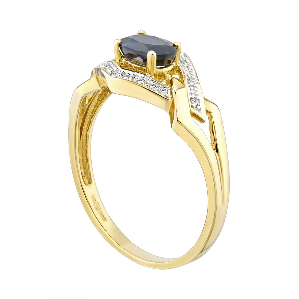 0.7 Ct Oval Natural Blue Sapphire and Diamond Art Deco Ring in 9ct Yellow Gold