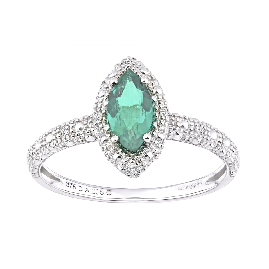 9ct White Gold 0.85ct Created Marquise Emerald and Diamond Halo Ring