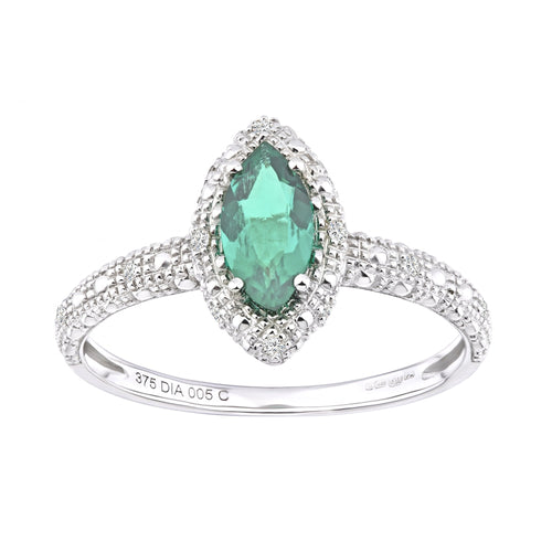 9ct White Gold 0.85ct Created Marquise Emerald and Diamond Halo Ring