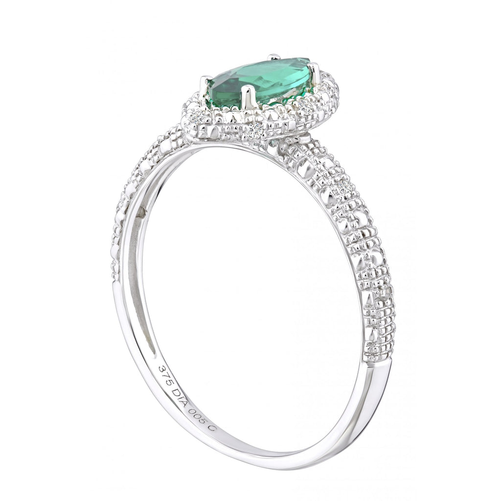 9ct White Gold 0.85ct Created Marquise Emerald and Diamond Halo Ring