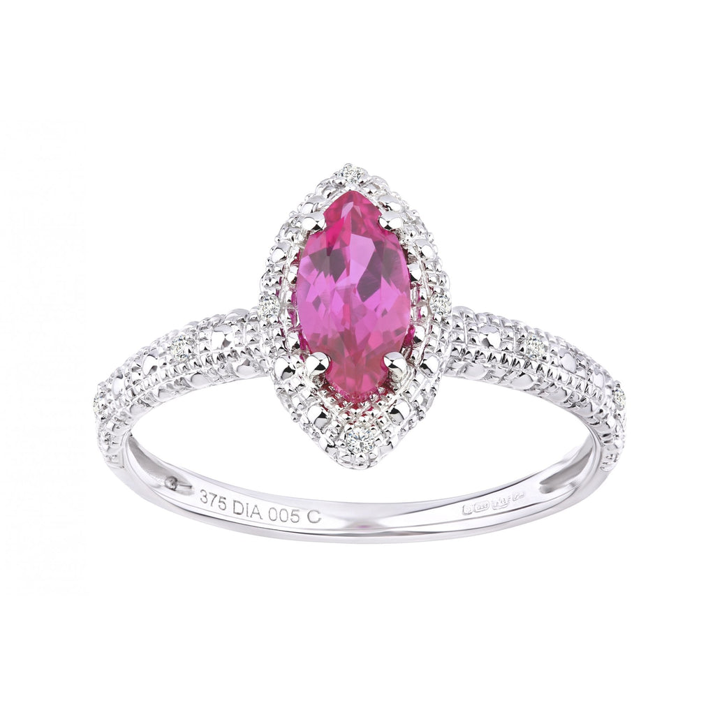 9ct White Gold Created Ruby And 0.05ct Diamond Marquise Cluster Ring
