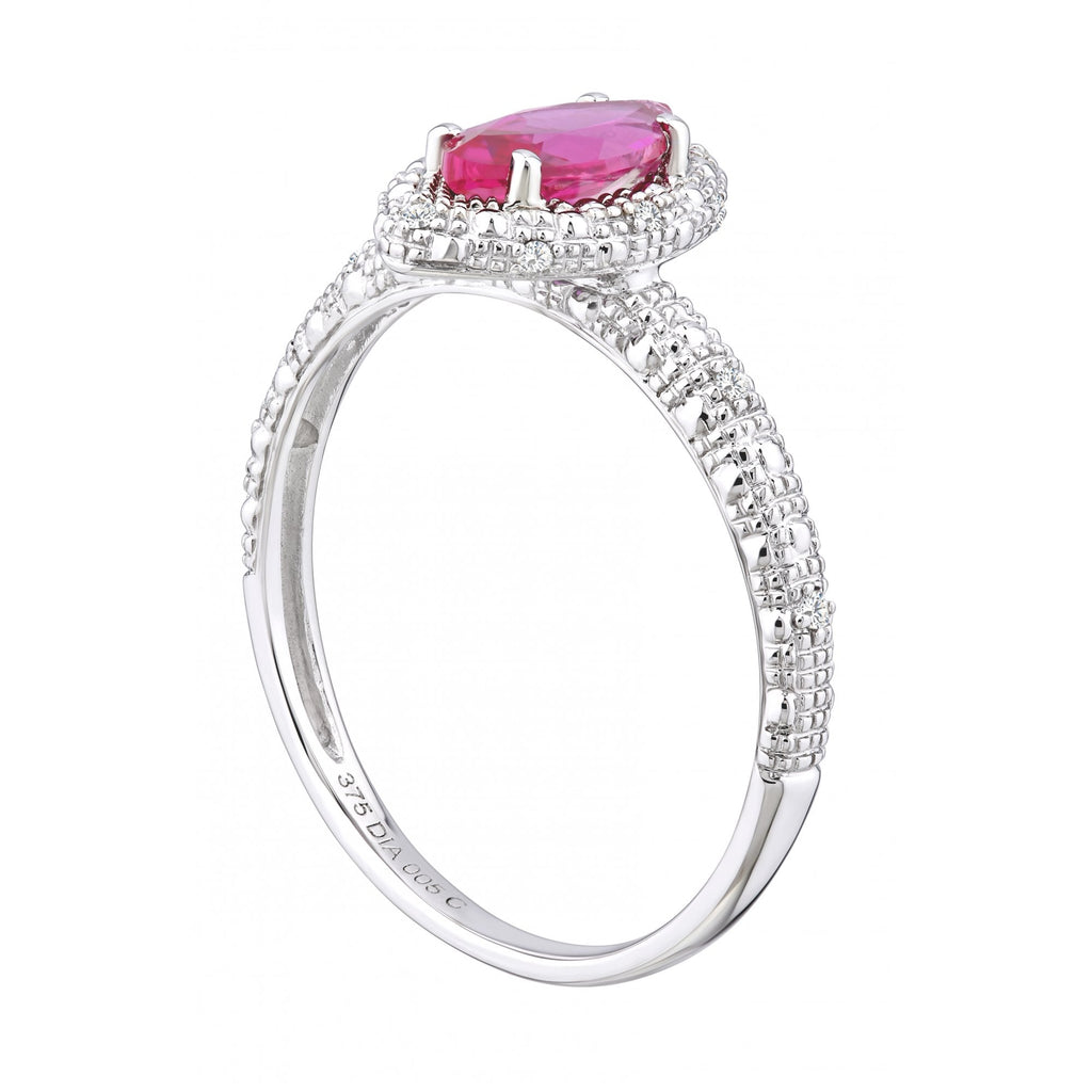 9ct White Gold Created Ruby And 0.05ct Diamond Marquise Cluster Ring