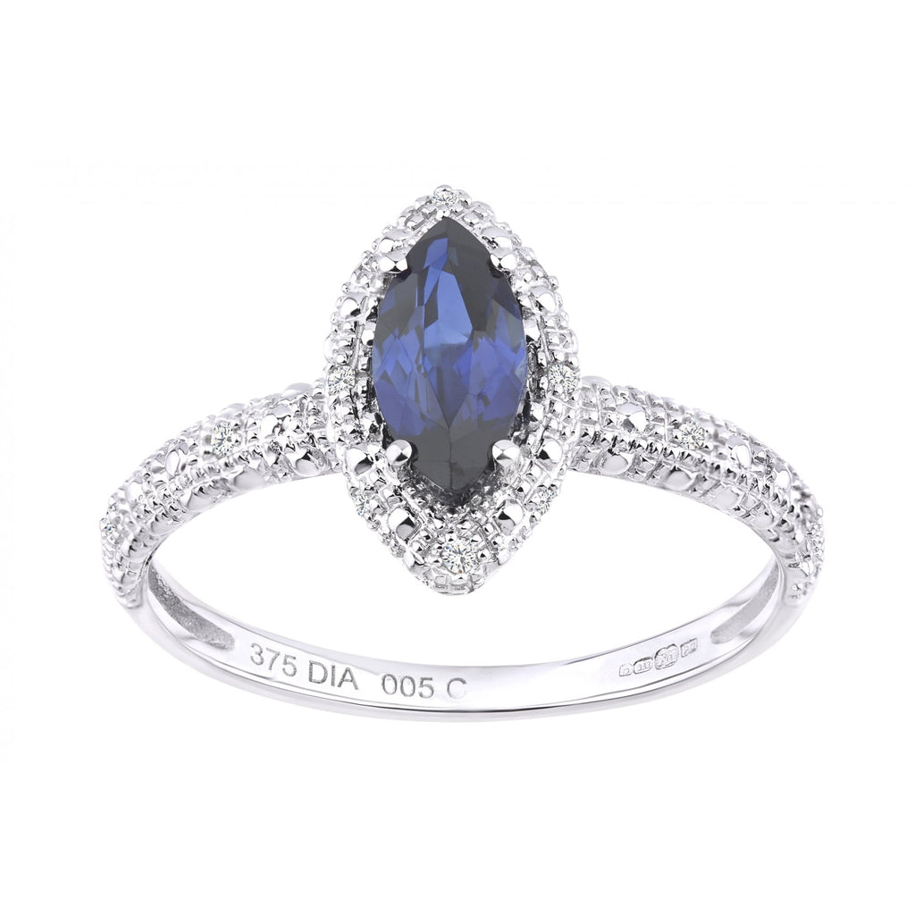 0.68 Ct Marquise Natural Blue Created Sapphire and Diamond Solitaire Halo Ring in 9ct White Gold