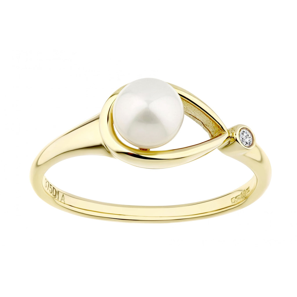 9ct Yellow Gold 0.01ct Diamond And Cultured Pearl Teardrop Ring