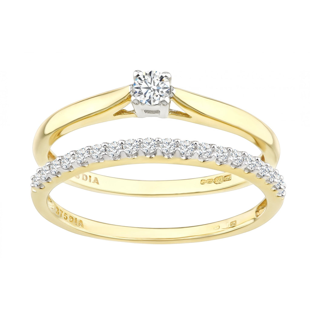9ct Gold 0.25 Carat Natural Diamond Solitaire & Band Bridal Ring Set of 2