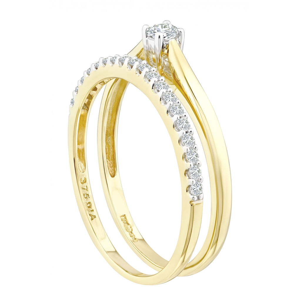 9ct Gold 0.25 Carat Natural Diamond Solitaire & Band Bridal Ring Set of 2