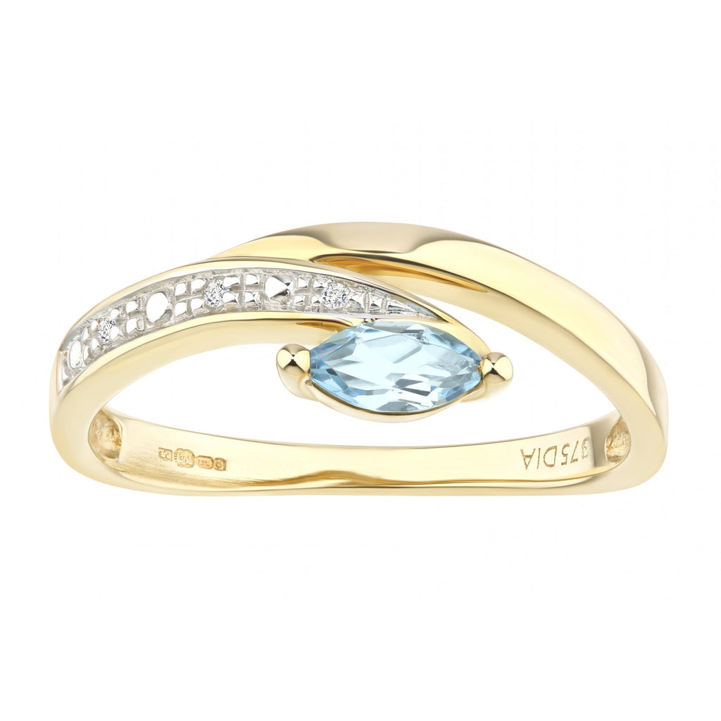 Ladies 9ct Yellow Gold 0.01ct Diamond and Marquise Blue Topaz Ring