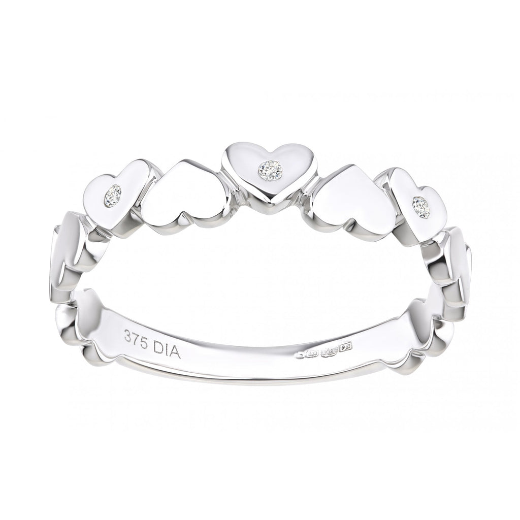 9ct White Gold Natural Diamond Hearts Band Ring