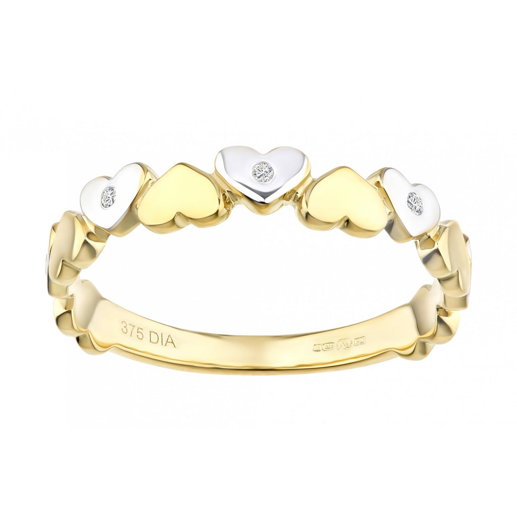 9ct Yellow and White Gold Natural Diamond Hearts Band Ring
