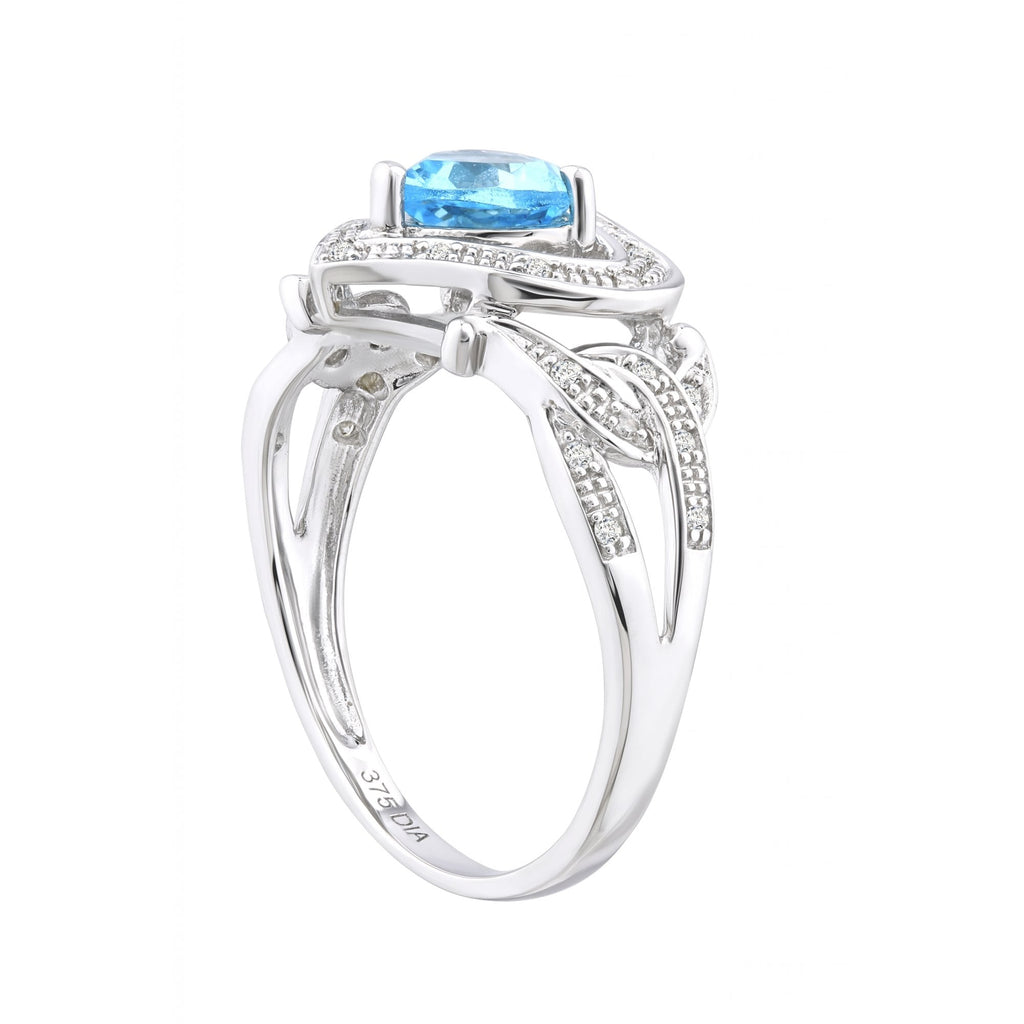 Ladies 9ct White Gold 0.10ct Diamond and Heart Blue Topaz Ring