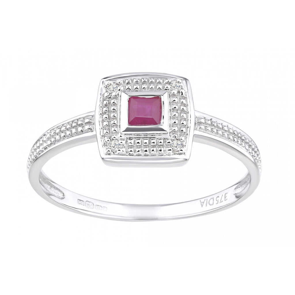Ladies 9ct White Gold 0.02ct Diamond and Ruby Cluster Ring