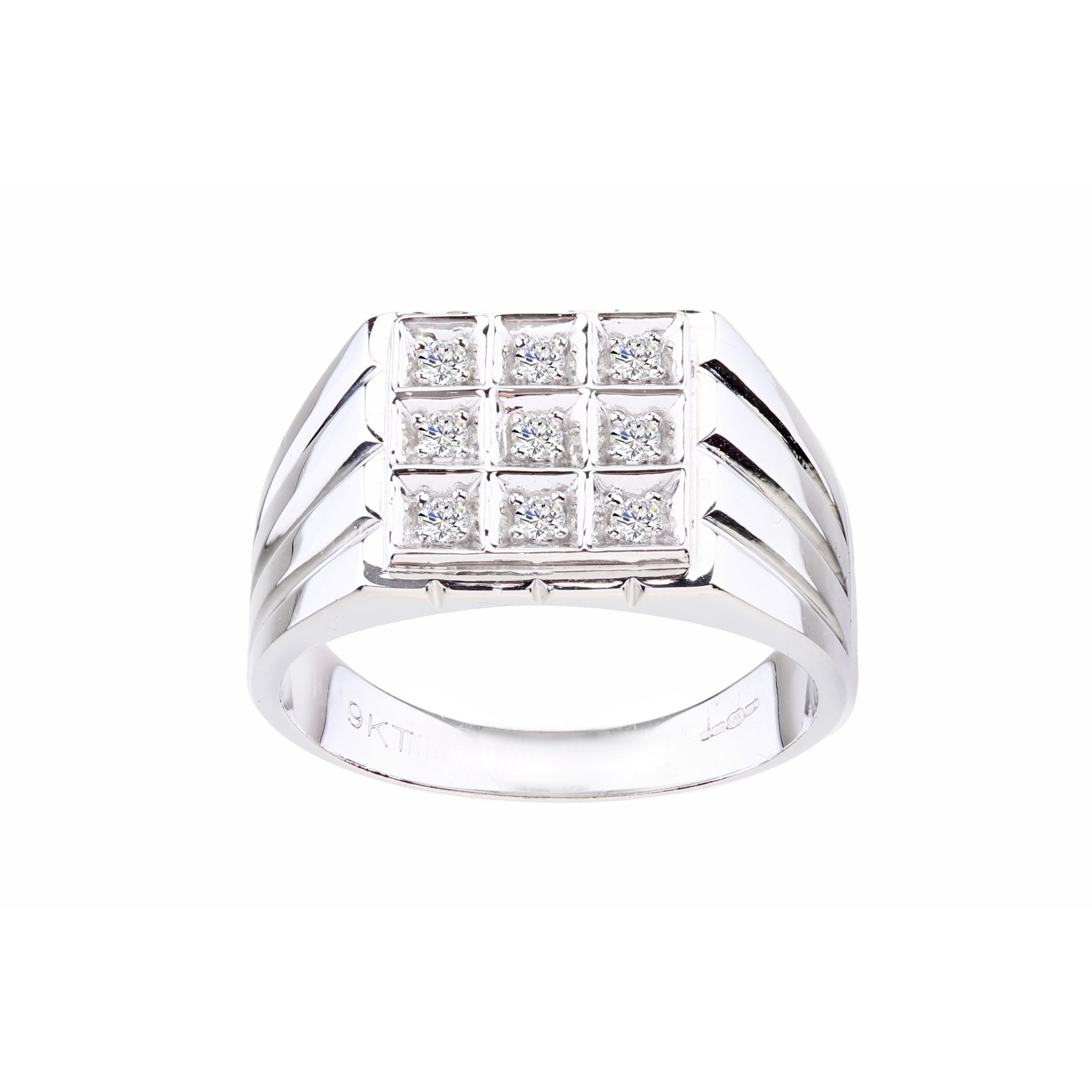 9ct White Gold Stone Set Mens Square Signet Ring By Citerna