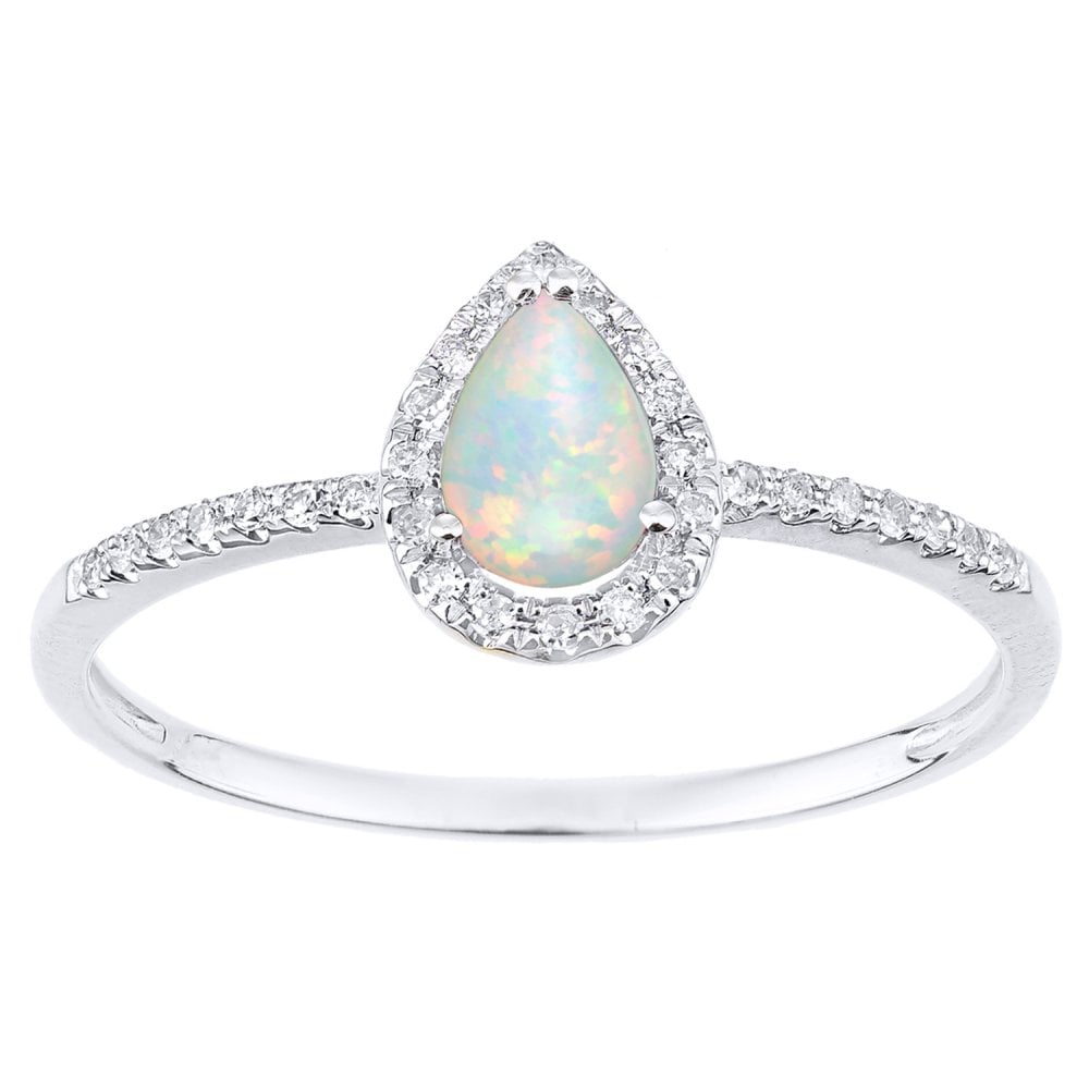 9ct White Gold Pear Opal and Diamond Teardrop Cluster Ring