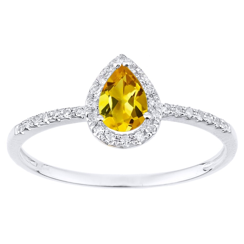 9k White Gold Pear Citrine and Diamond Halo Ring