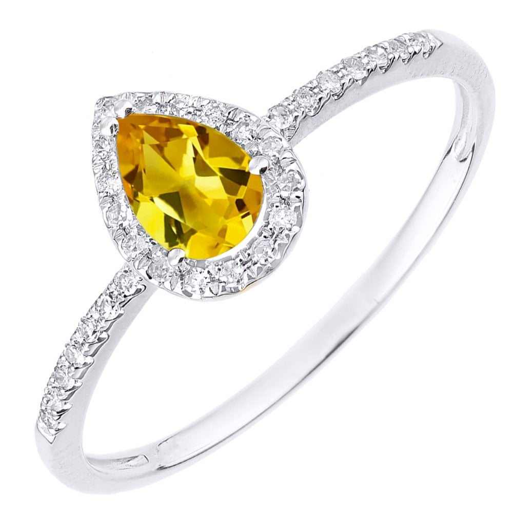 9k White Gold Pear Citrine and Diamond Halo Ring