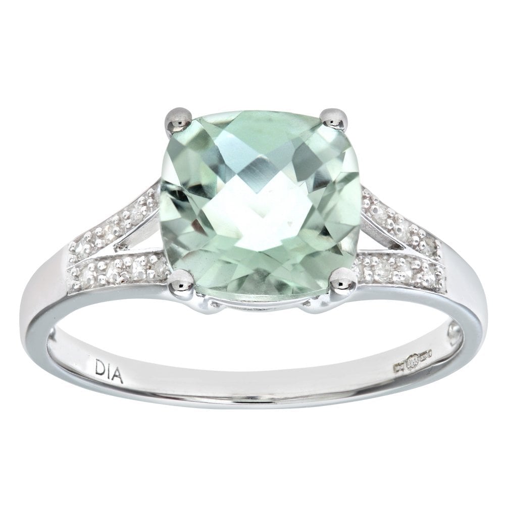 9ct White Gold Green Amethyst and Diamond Ring