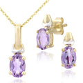 9ct Yellow Gold Oval Amethyst Solitaire Pendant Necklace and Earrings Set