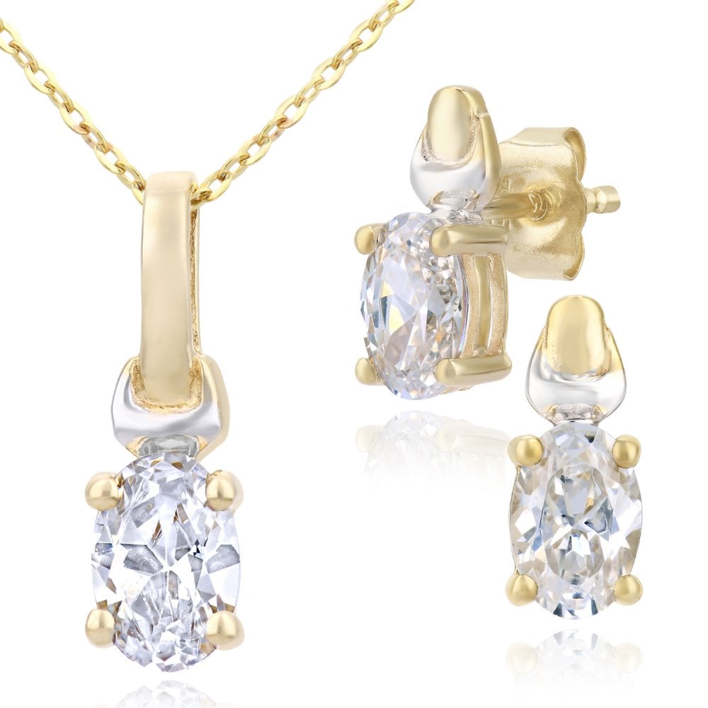 9ct Yellow Gold Oval Cubic Zirconia Solitaire Pendant Necklace and Earrings Set