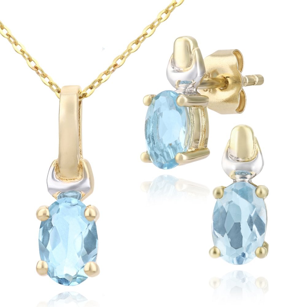 9ct Yellow Gold Oval CZ Aquamarine Solitaire Pendant Necklace and Earrings Set