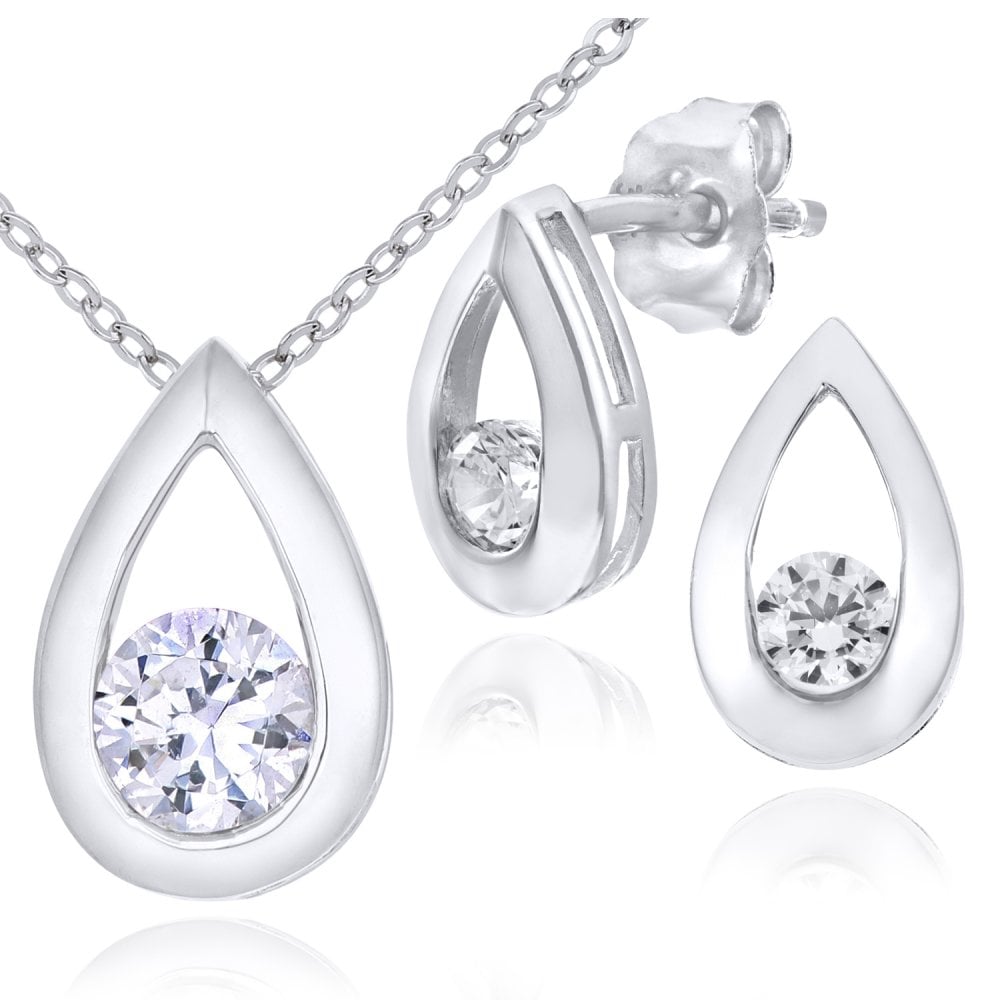 9ct White Gold Cubic Zirconia Teardrop Pendant Necklace and Earrings Set