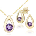 9ct Yellow Gold Amethyst Teardrop Pendant Necklace and Earrings Set
