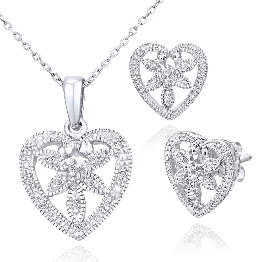 9ct White Gold Diamond Heart Pendant Necklace and Earrings Set