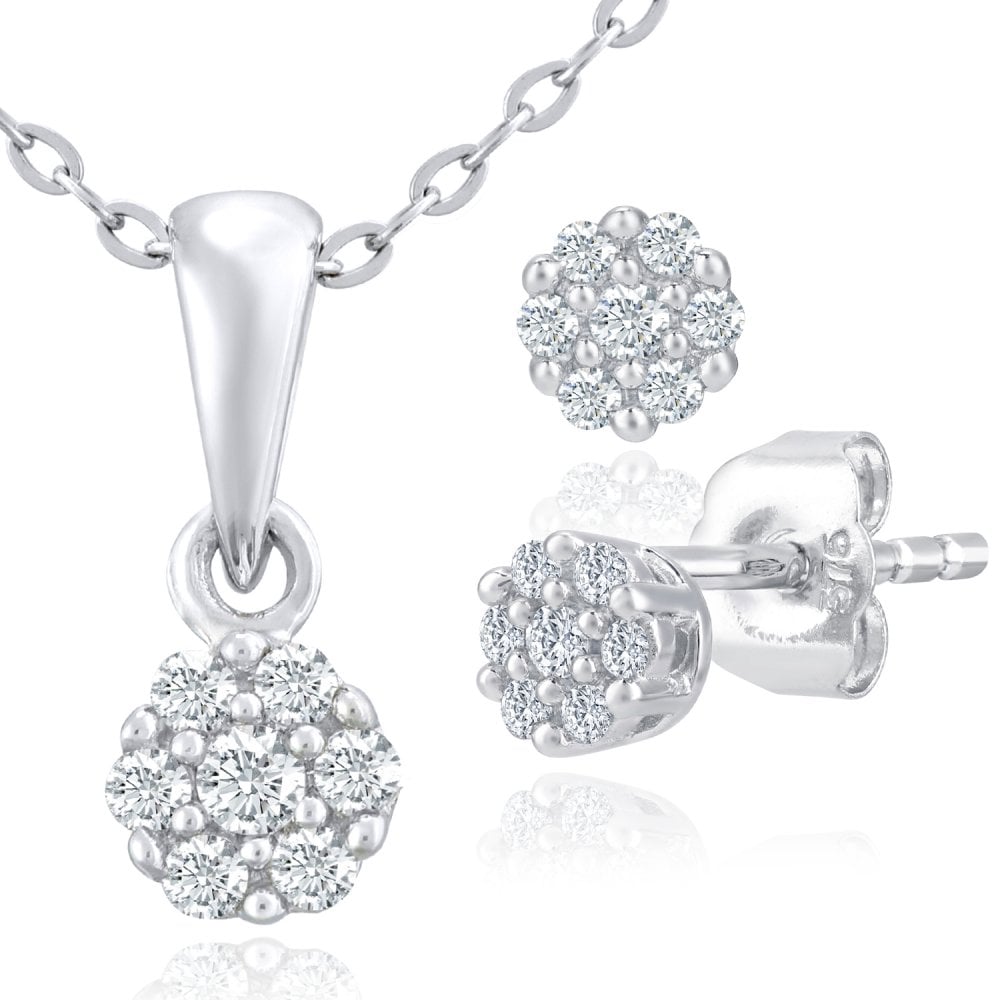 9ct White Gold 0.05ct Diamond Cluster Pendant Necklace and Earrings Set